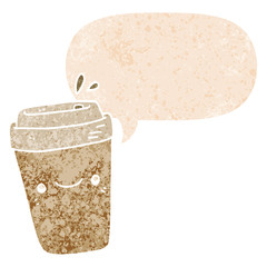 cartoon takeaway coffee and speech bubble in retro textured style
