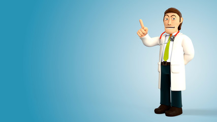 Cartoon 3d doctor with a stethoscope smiling and pointing his right index finger up on a blue gradient background 3d rendering