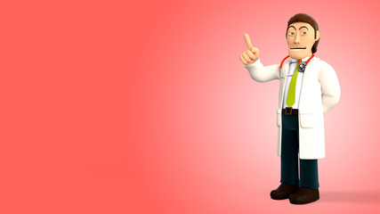 Cartoon 3d doctor with a stethoscope smiling and pointing his right index finger up on a red gradient background 3d rendering