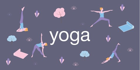 Web banner for yoga. boho style decoration, zen meditation exercise illustration. EPS10 vector. - 276334400