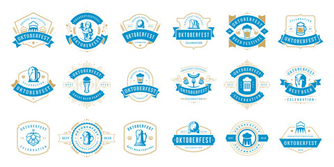 Oktoberfest badges and labels set vintage typographic design vector templates. Willkommen