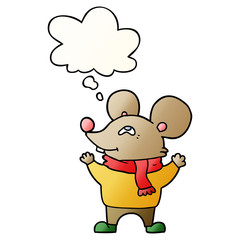 cartoon mouse wearing scarf and thought bubble in smooth gradient style