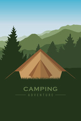 camping adventure tent at green mountain and forest landscape vector illustration EPS10