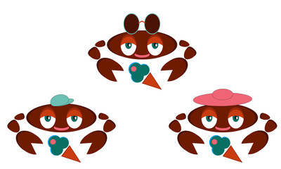 Crabs on vacation with ice cream. Summer illustration vector.