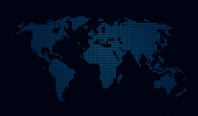 Dotted world map template for brochures or web design. The dots are lighting as led lamps on dark blue background