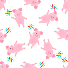 Naklejka premium Cute pig walks and keeps a pinwheel toy. Funny animal. Piggy Cartoon Character seamless pattern for the decoration of the nursery for a girl or boy, for the design of kids clothing, things