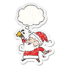 cartoon santa claus with hot cocoa and thought bubble as a distressed worn sticker