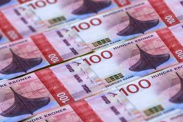 Norwegian currency. Money of Norway closeup background.