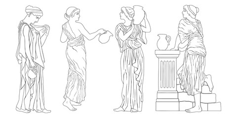 Fototapeta na wymiar A set of vector images of women of ancient Greek style isolated on white background.