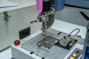 automation machine and detail close up in machine automatic with robotic automation technology for technology production factory