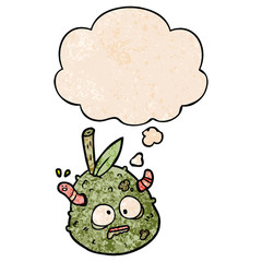 cartoon old pear and thought bubble in grunge texture pattern style