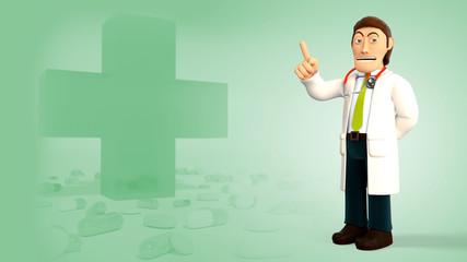 Cartoon 3d doctor with a stethoscope smiling and pointing his right index finger up on a green background with medical cross and pills 3d rendering