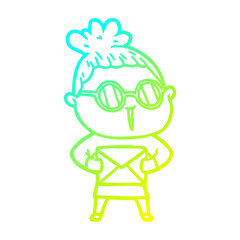cold gradient line drawing cartoon woman wearing spectacles