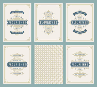 Vintage ornament greeting cards set vector templates.