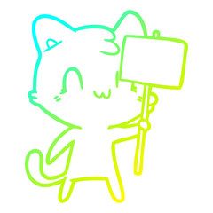 cold gradient line drawing cartoon happy cat with blank sign