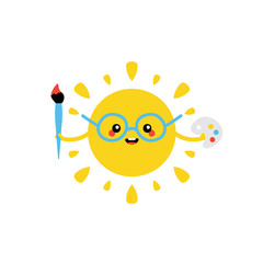 Cute cartoon vector sun character smiling, holding paint brush and art palette in hands. Summer art courses and programmes for kids concept.