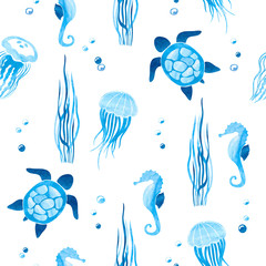 Seamless vector pattern with watercolor sea animals. Underwater life.