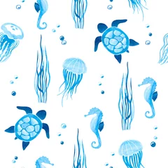 Tapeten Meerestiere Nahtloses Vektormuster mit Aquarellmeerestieren. Leben unter Wasser.