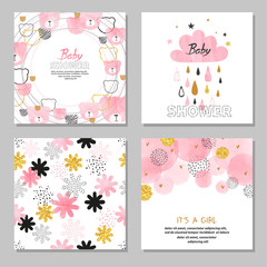 Baby Shower girl vector set. Collection of cards in pink color.