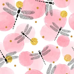 Wall murals Polka dot Abstract pink circles pattern with dragonflies.