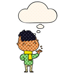 cartoon friendly boy and thought bubble in comic book style