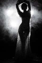 B&W dark tone of Erotic silhouette nice shape Asian woman in Lace see through evening gown splatter with many studio lighting as back rim light with dent puff smoke to show sensual sexy posing