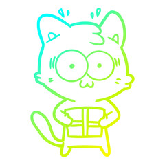 cold gradient line drawing cartoon surprised cat with christmas present