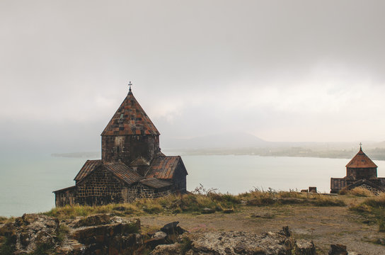 dramatic view to Sevanavanq monastery in Sevan Armenia