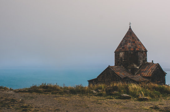 beautiful landscape old Armenian old monastery and beautiful blue lake