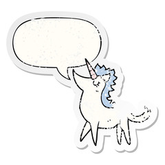 cartoon unicorn and speech bubble distressed sticker