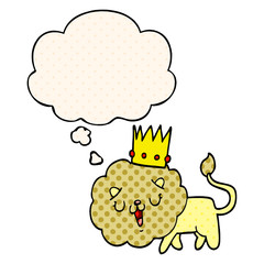 cartoon lion with crown and thought bubble in comic book style