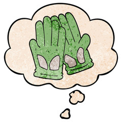cartoon garden work gloves and thought bubble in grunge texture pattern style