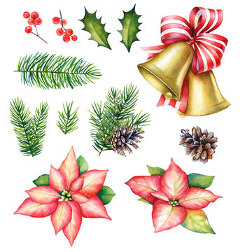 Watercolor Christmas set with bells with ribbon bow, poinsettia, fir tree branches with cones, holly berries with leaves.