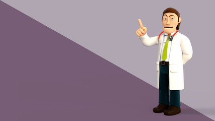 Cartoon 3d doctor with a stethoscope smiling and pointing his right index finger up on a purple diagonal splitted background 3d rendering