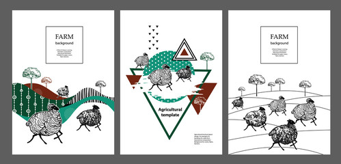 A flock of sheep is running. Geometric composition. Agricultural illustration.