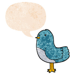 cartoon bird and speech bubble in retro textured style