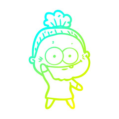 cold gradient line drawing cartoon happy old woman