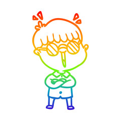 rainbow gradient line drawing cartoon boy wearing spectacles