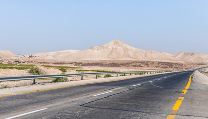 Panoramic  view of the road and the Judean Desert in the Dead Sea region in Israel