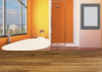 Background with empty wooden table. Flooring. Modern bathroom with large window.
