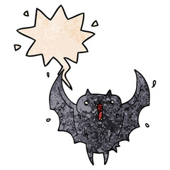 cartoon happy vampire bat and speech bubble in retro texture style