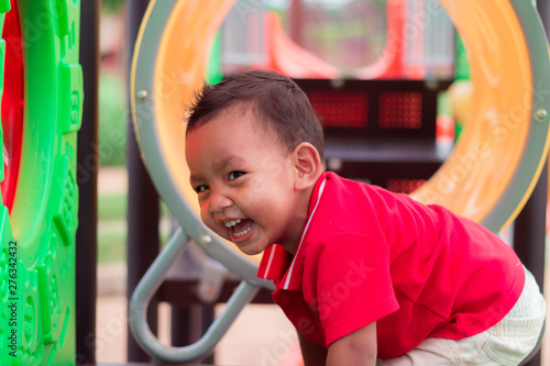 Happy Asian Child Playing Together On Playground In Park At - 