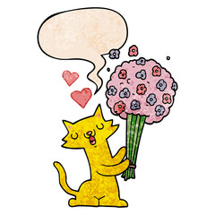 cartoon cat in love and flowers and speech bubble in retro texture style