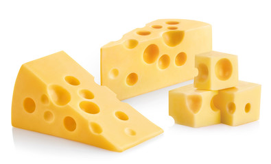 Several pieces of delicious cheese, isolated on white background