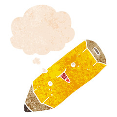 cute cartoon pencil and thought bubble in retro textured style