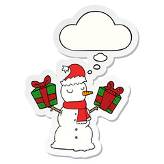 cartoon snowman and thought bubble as a printed sticker