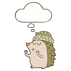 cartoon hedgehog wearing hat and thought bubble