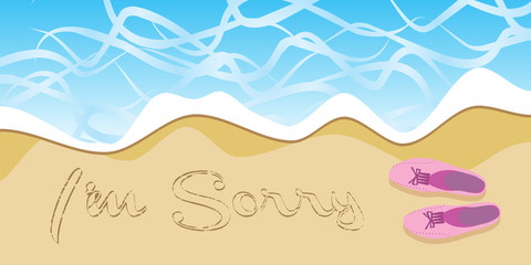 hand written I'm sorry on beach sand and girl pink shoes vector illustration isolated  cartoon background