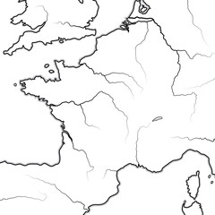 Map of The FRENCH Lands: France & its regions (Île-de-France, Champagne, Normandie, Bretagne, Aquitaine, Occitanie, Provence, Burgundy, Lorraine, Elsass). Geographic chart with coastline and rivers.
