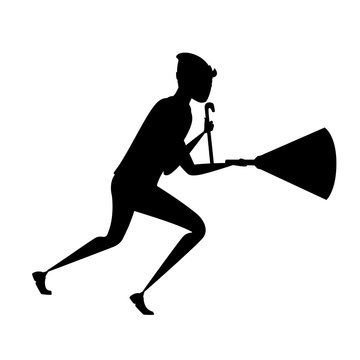 Black silhouette running thief during robbery with a crowbar and a luminous flashlight cartoon character design flat vector illustration